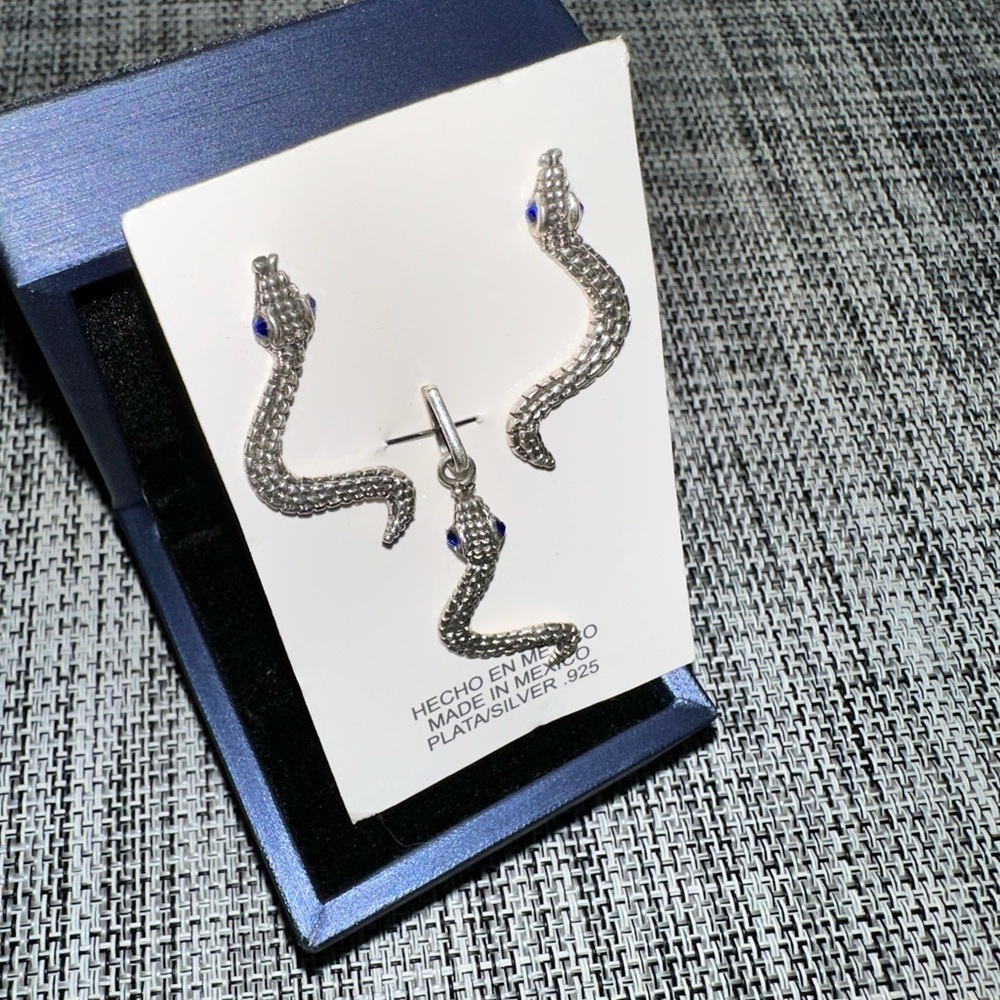 Silver Snake Earrings with Blue Accents 9.25